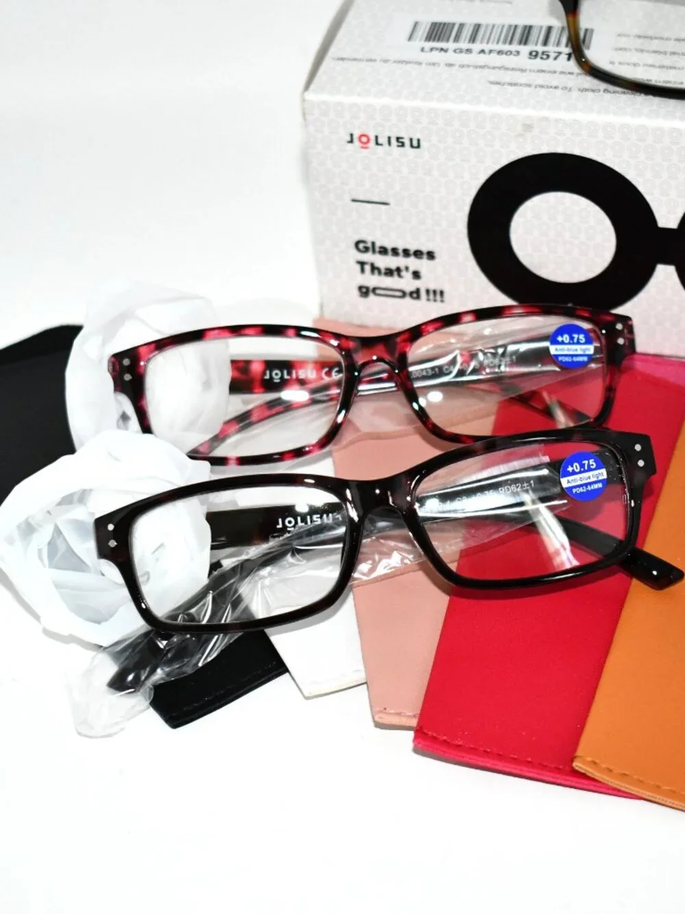 JOLISU Reading Glasses, +0.75, Blue Light Blocking Readers, 5 Pack, Mix Color, N